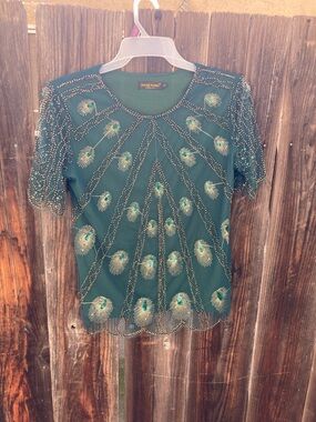Embellished Teal Short-Sleeve Women's Blouse